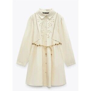 NEW Zara Womens XS Button Down Shirt Dress Beige Eyelet Beaded Belt